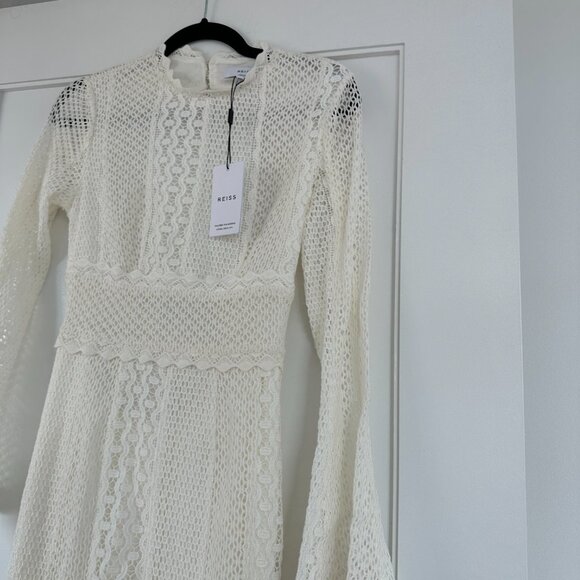 NWT Reiss Aspen Heavy Lace Midi Dress Sz 8 in White Bell Sleeves Cut-out Back - Picture 6 of 12
